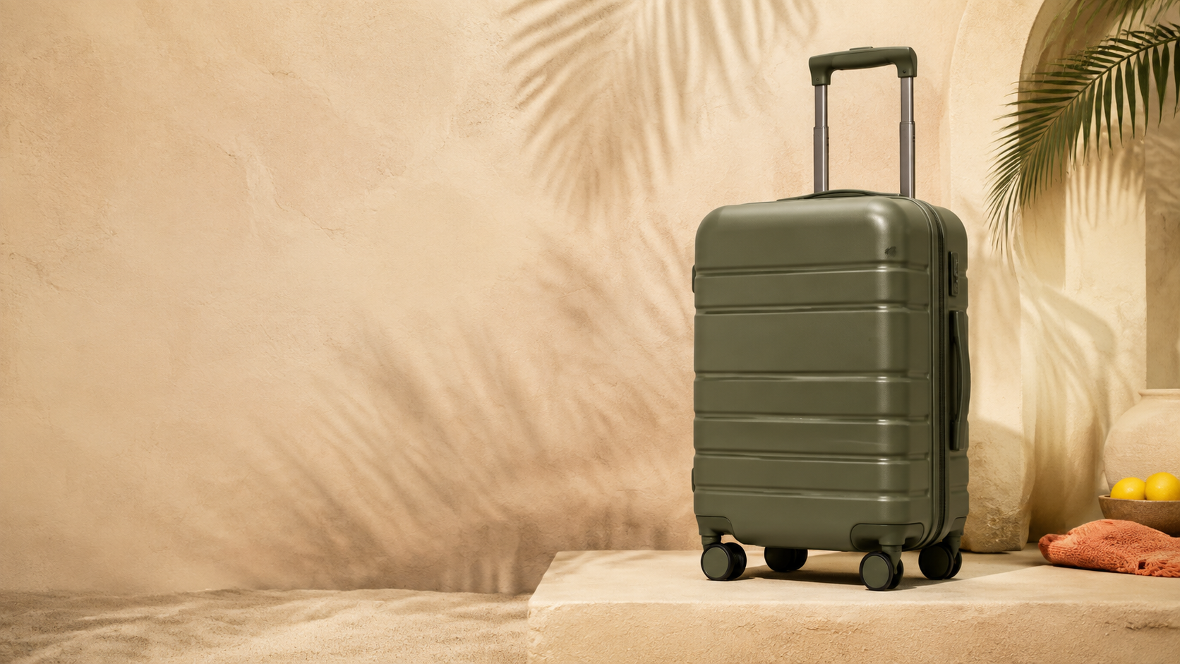 岩茶绿色 VOYAGE LUGGAGE 硬壳行李箱置于暖色旅行场景中